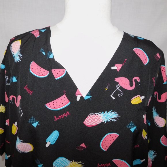 White Cross Womens 2XL Scrub Top Shirt Black Flamingos Popsicle pineapple Summer - Picture 2 of 9